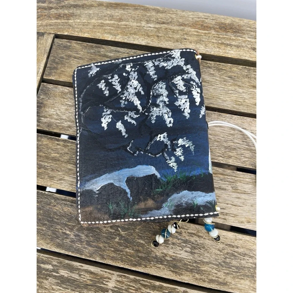 Hand Painted Leather Journal Wolf Moon Handmade Notebook Sketchbook